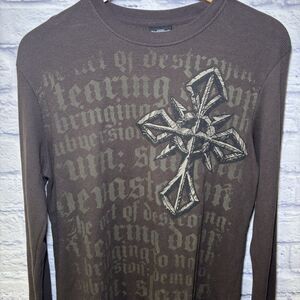 MMA Elite Shirt Men's Large Brown Thermal Waffle Knit Y2K Graphic Cross Wings
